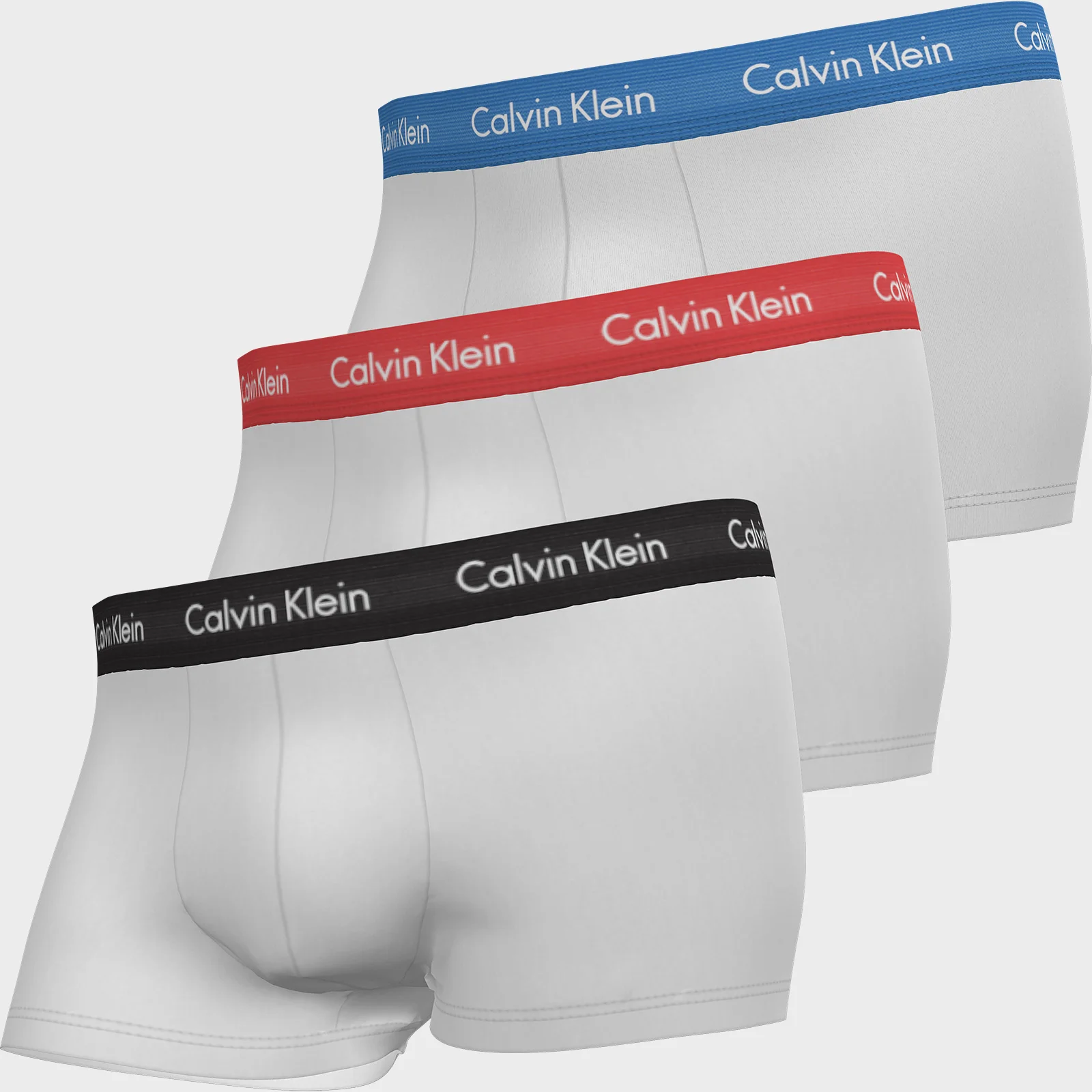 Calvin Klein Men's Cotton Stretch Low Rise 3 Pack Trunks with Contrast Waistband - Blue/Strawberry Field/Black Image 1