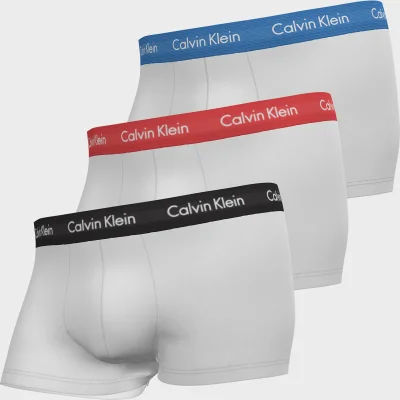 Calvin Klein Men's Cotton Stretch Low Rise 3 Pack Trunks with Contrast Waistband - Blue/Strawberry Field/Black