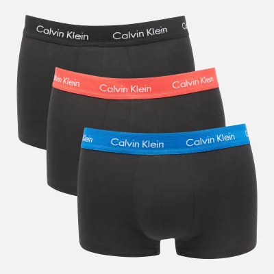 Calvin Klein Men's Cotton Stretch Low Rise 3 Pack Trunks with Contrast Waistband - B-Blue/Strawberry Field/Black
