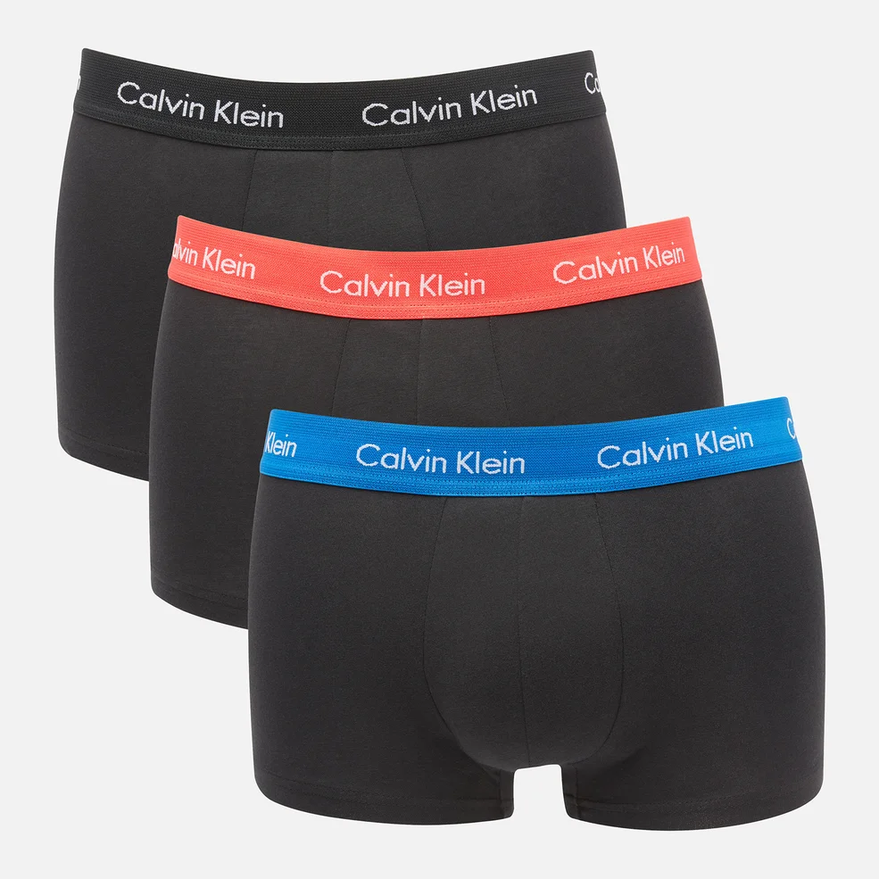 Calvin Klein Men's Cotton Stretch Low Rise 3 Pack Trunks with Contrast Waistband - B-Blue/Strawberry Field/Black Image 1