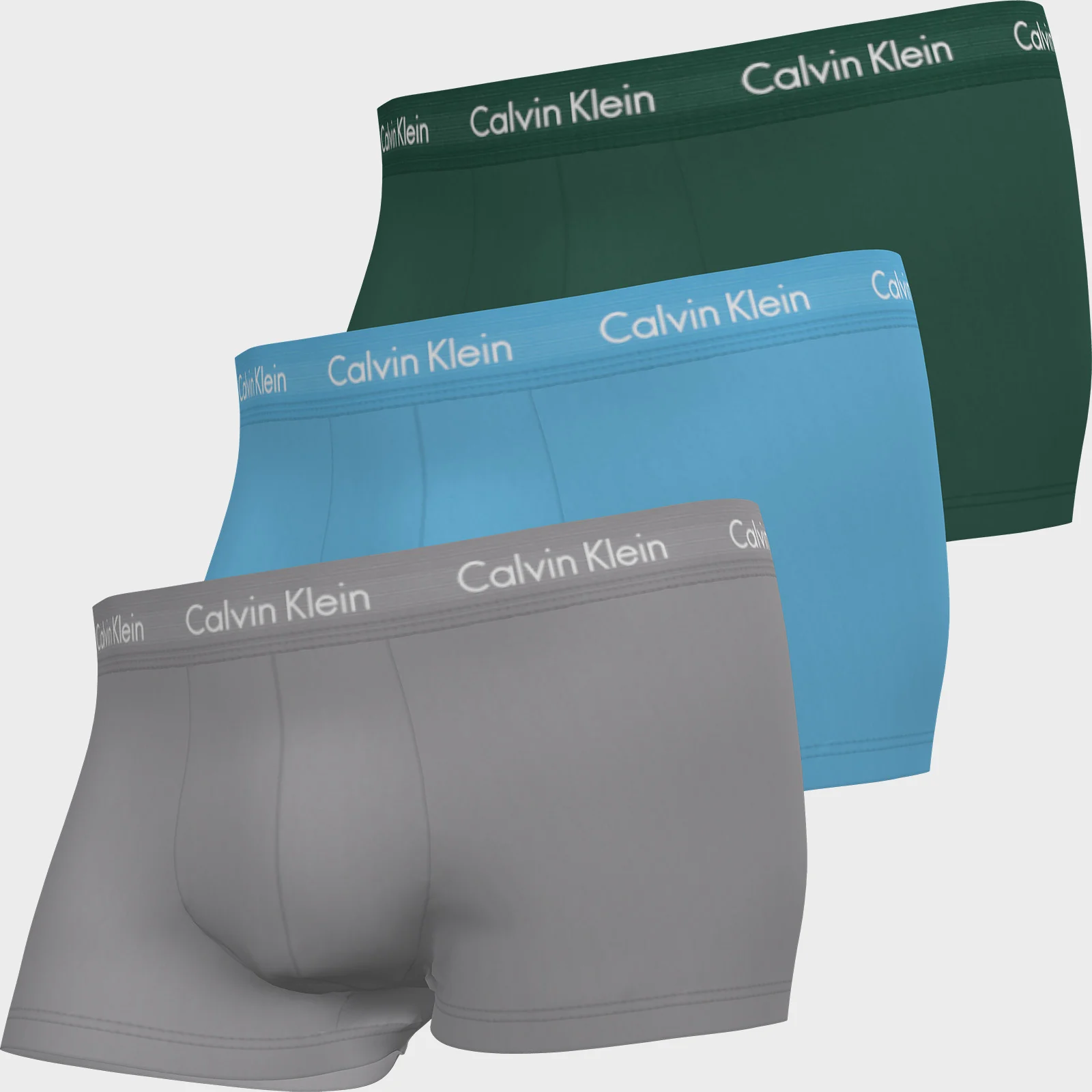 Calvin Klein Men's Cotton Stretch Low Rise 3 Pack Trunks with Contrast Waistband - Jade Sea/Sky High/Sleek Silver Image 1