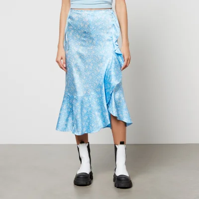 Ganni Floral Ruffled Stretch-Silk Satin Midi Skirt