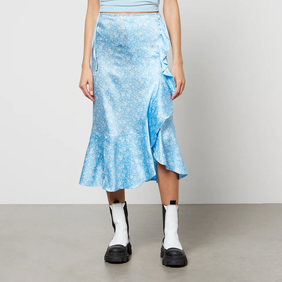 Ganni Floral Ruffled Stretch-Silk Satin Midi Skirt Image 1