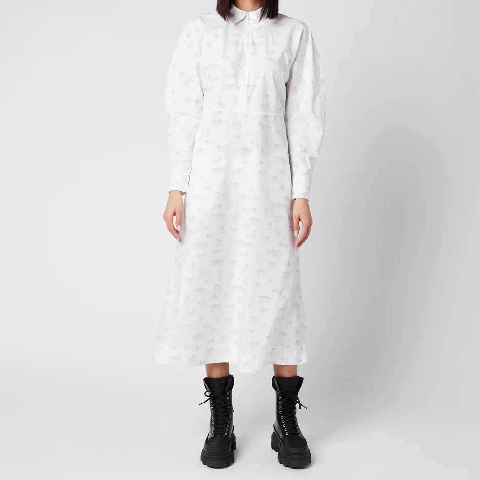 Ganni Women's Printed Cotton Poplin Dress - Bright White Image 1