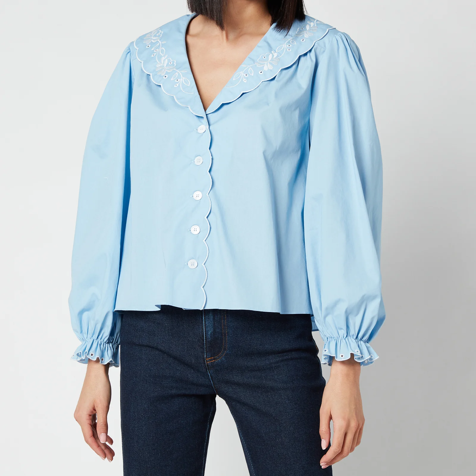 RIXO Women's Darcy Embroidered Collar Cotton Blouse - Blue Cotton Image 1