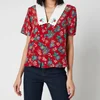 RIXO Women's Flora Embroidered Collared Silk Blouse - Garden Party Red - Image 1