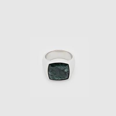 Tom Wood Men's Cushion Green Marble Ring - Sterling Silver