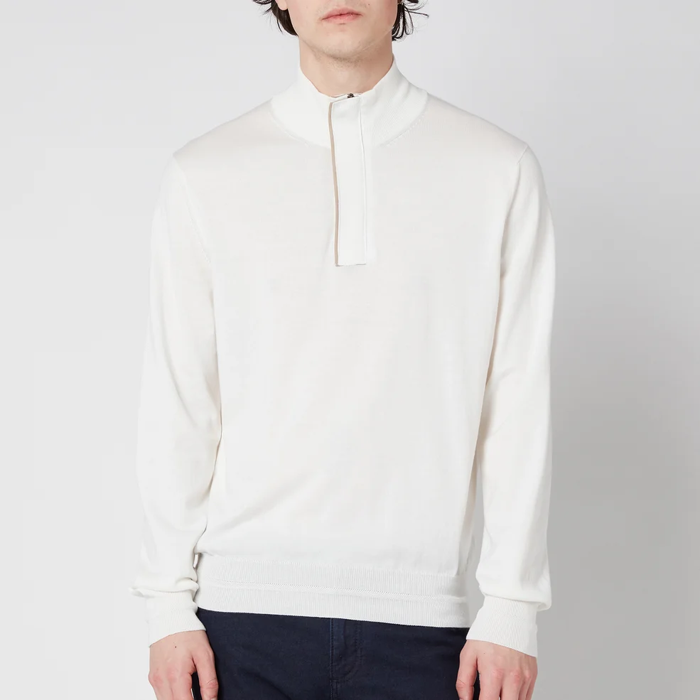Canali Men's Suede Trim Half Zip Long Sleeve Sweater - White Image 1