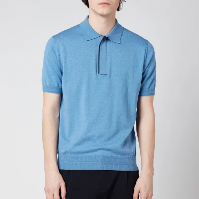 Canali Men's Wool Silk Fine Gauge Half Zip Polo Shirt - Light Blue