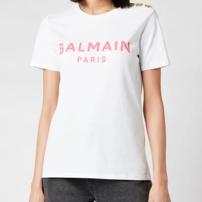 Balmain Women's 3 Button Printed Logo T-Shirt - Blanc/Rose