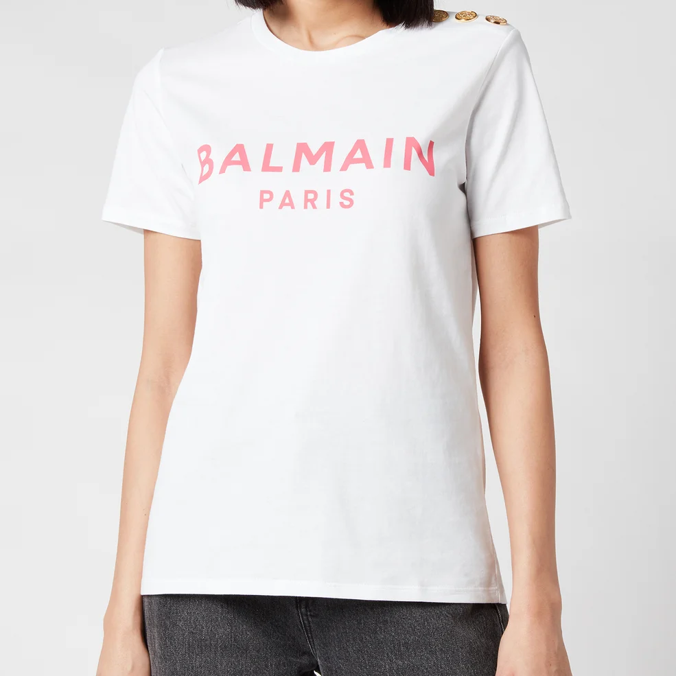 Balmain Women's 3 Button Printed Logo T-Shirt - Blanc/Rose Image 1