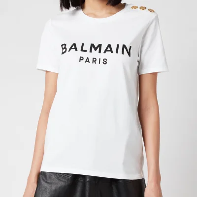 Balmain Women's 3 Button Printed Logo T-Shirt - Blanc/Noir
