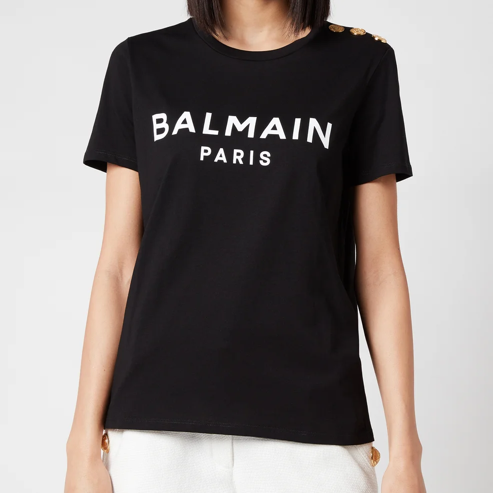 Balmain Women's 3 Button Printed Logo T-Shirt - Black/White Image 1