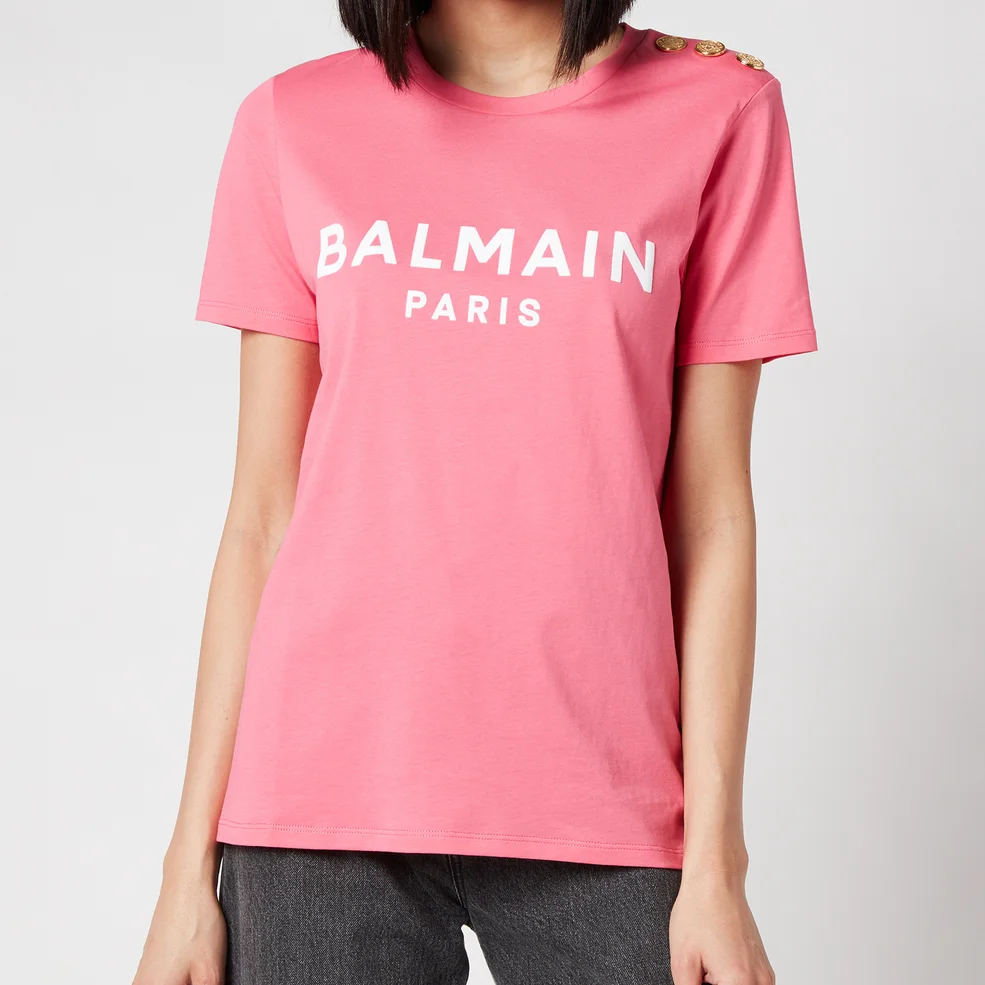 Balmain Women's 3 Button Flocked Logo T-Shirt - Rose/Blanc Image 1