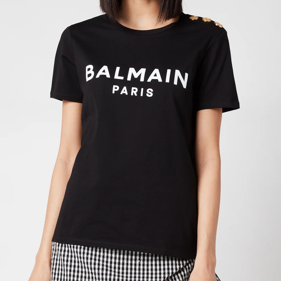 Balmain Women's 3 Button Flocked Logo T-Shirt - Noir/White Image 1