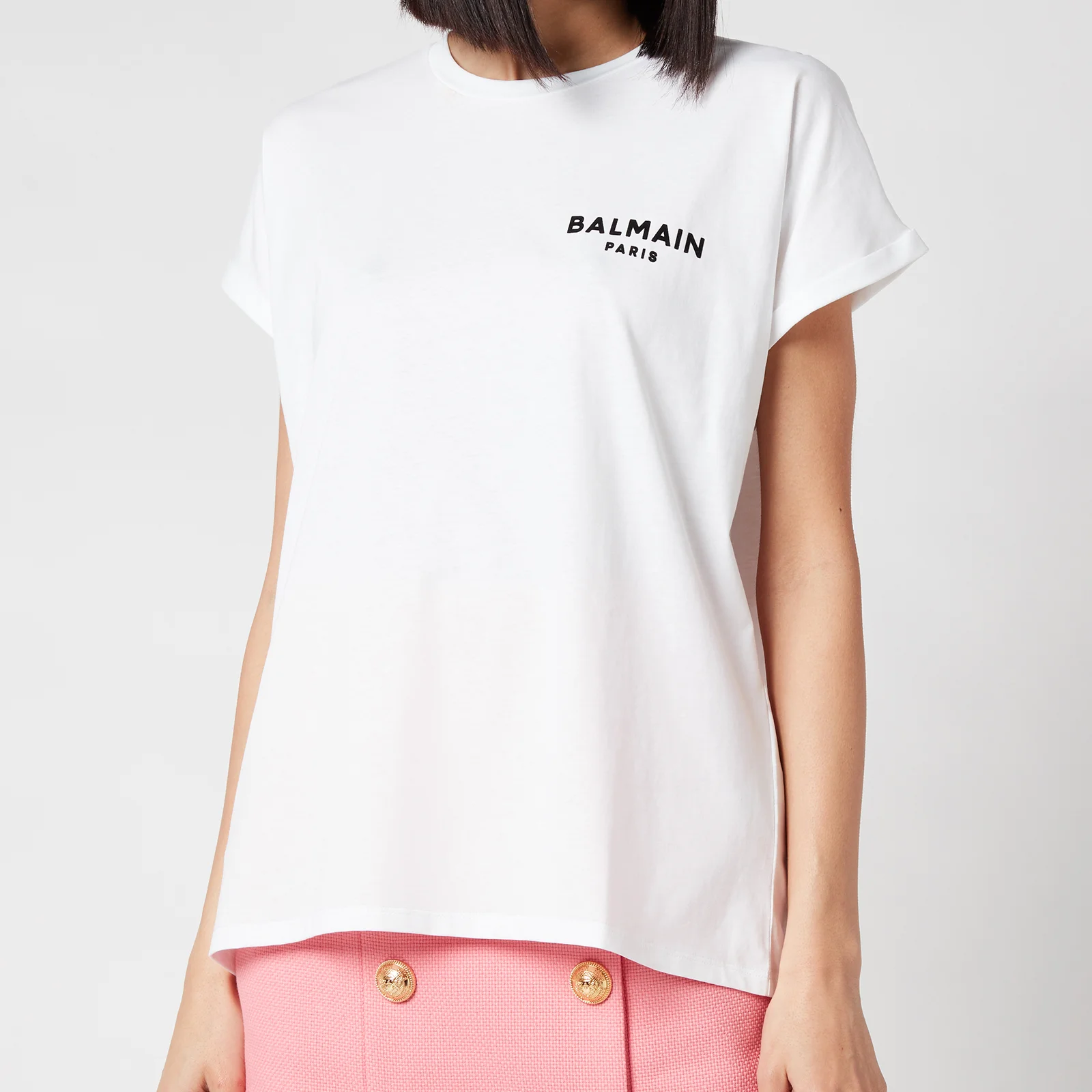 Balmain Women's Flocked Logo Detail T-Shirt - Blanc/Noir Image 1