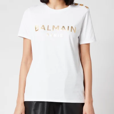 Balmain Women's 3 Button Metallic Logo T-Shirt - Blanc/Or