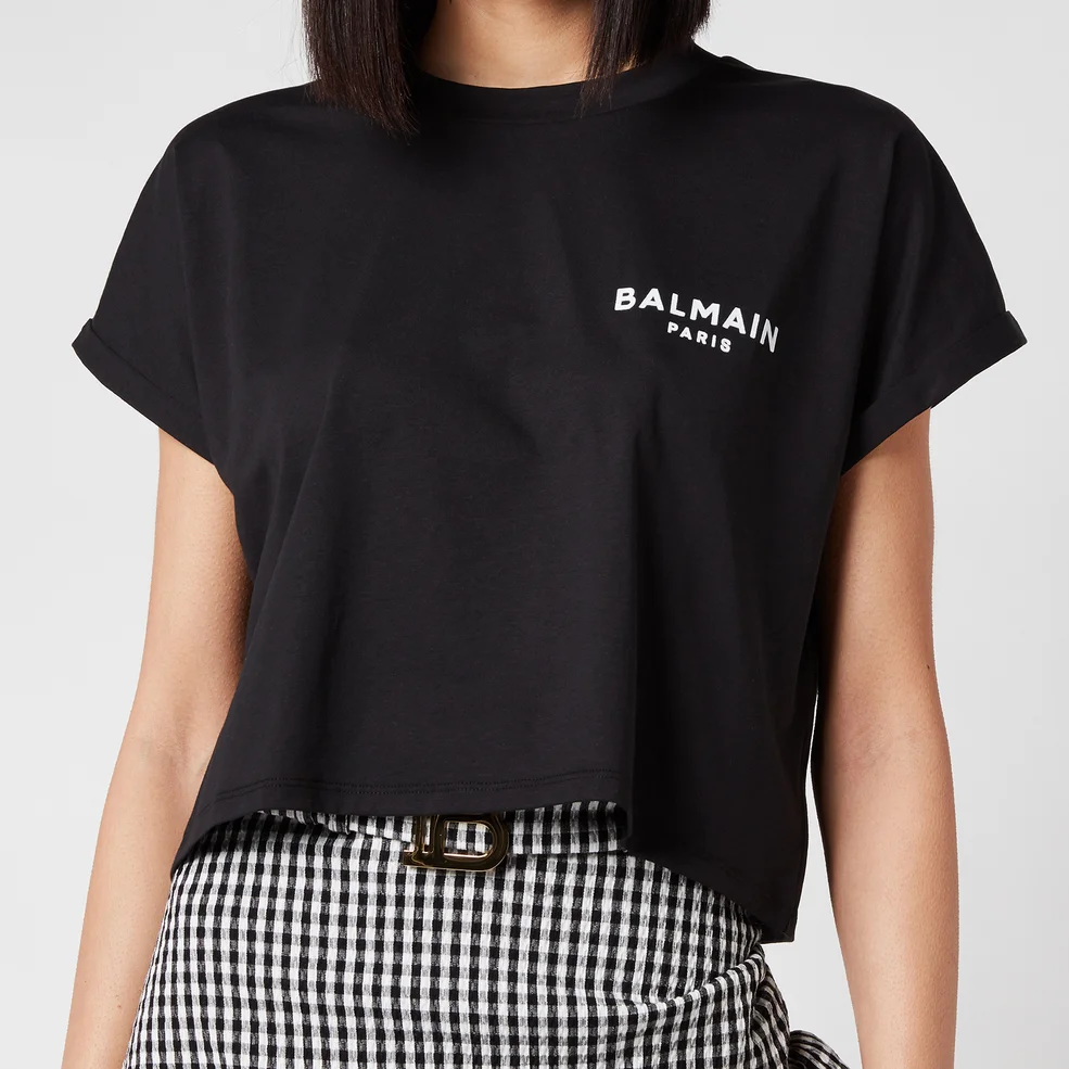 Balmain Women's Cropped Flocked Logo T-Shirt - Noir/Blanc Image 1