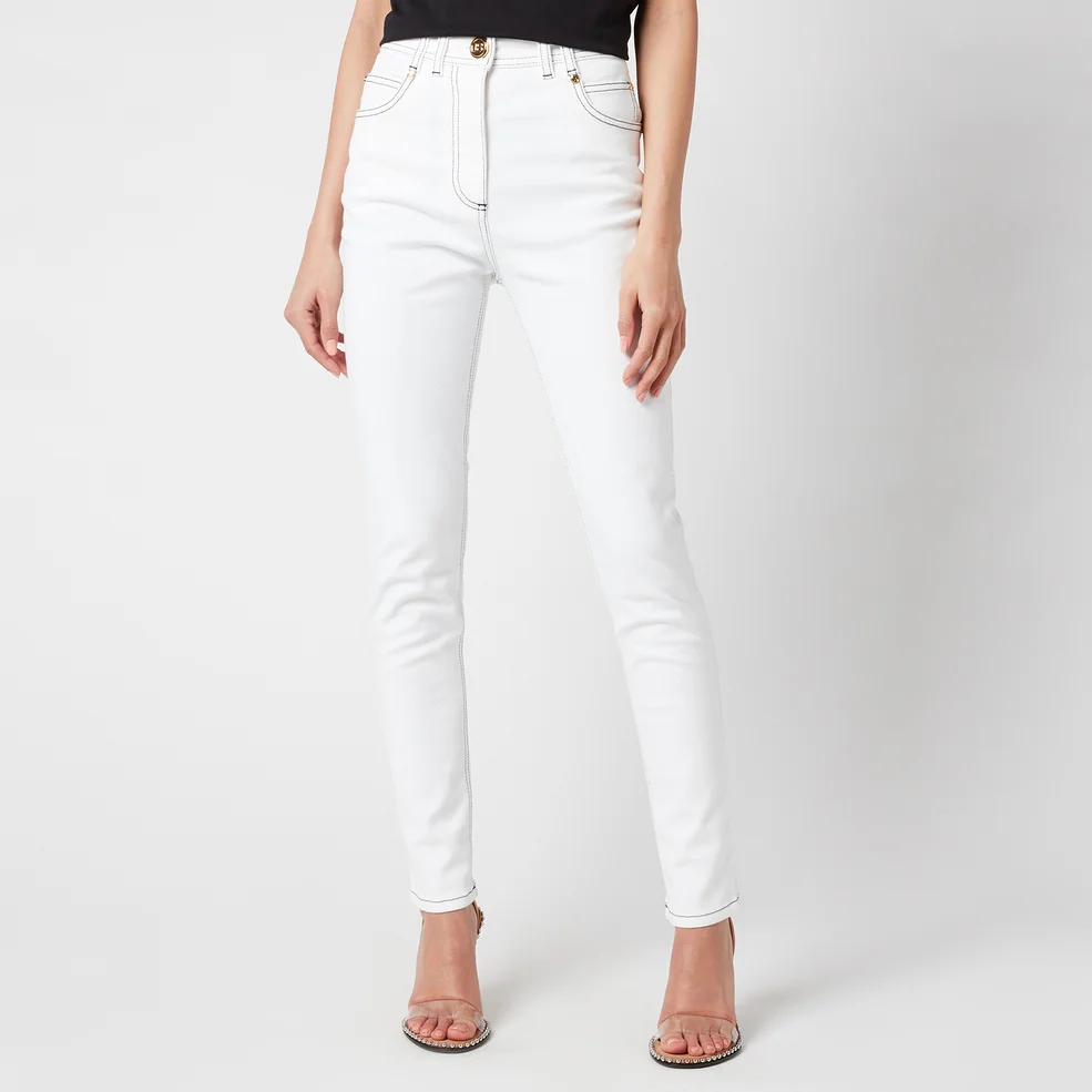 Balmain Women's High Waist Top Stitched Skinny Jeans - White Image 1