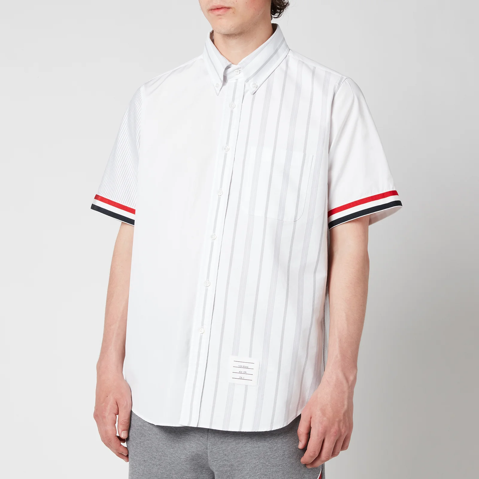Thom Browne Men's Point Collar Stripe Cuff Short Sleeve Shirt - White Image 1