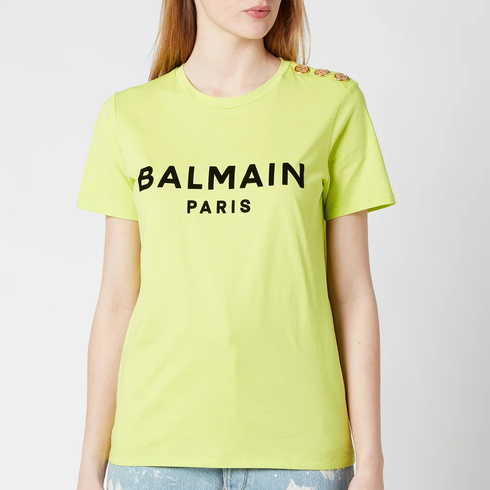 Balmain Women's Flocked Logo L T-Shirt - Anis/Noir Image 1
