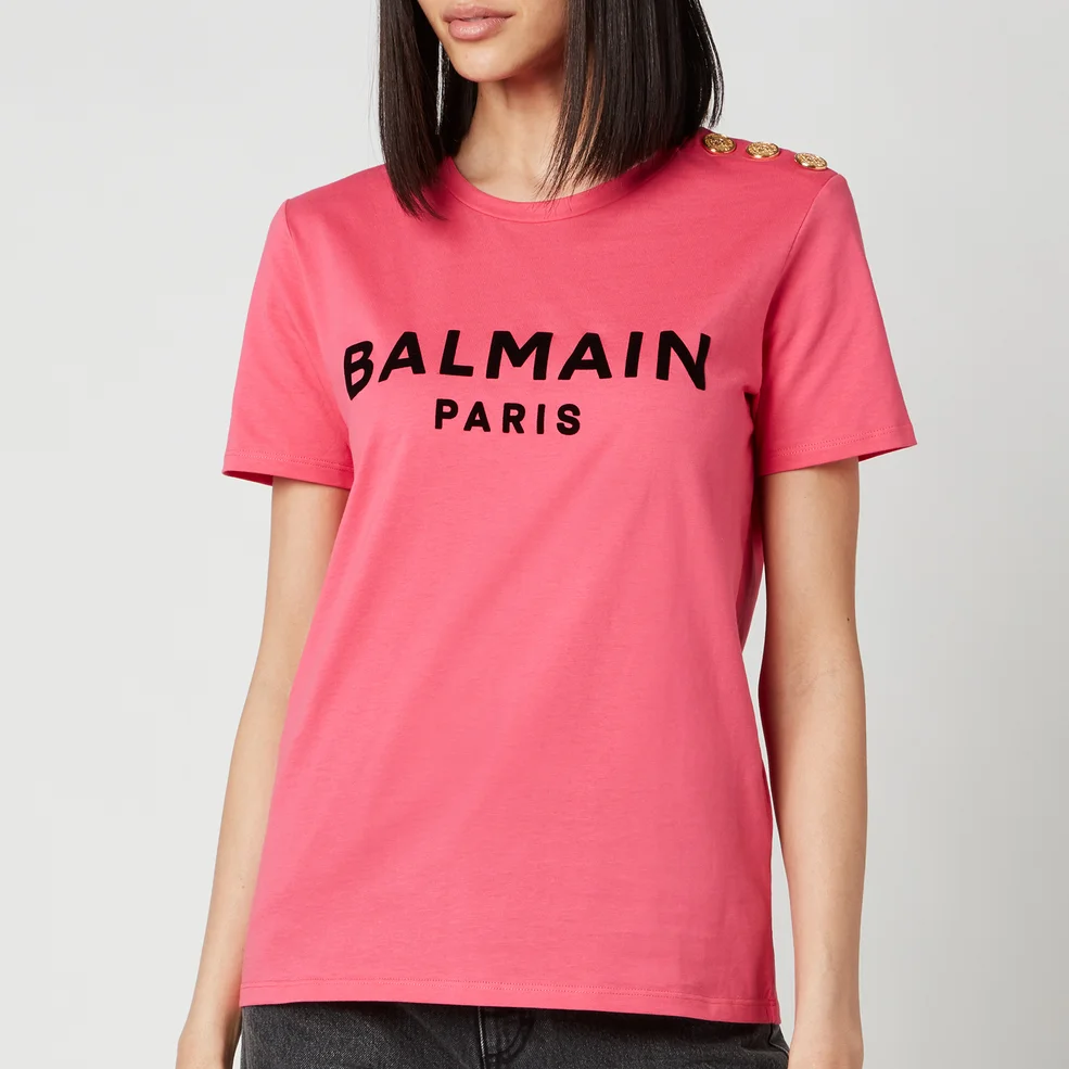 Balmain Women's Flocked Logo L T-Shirt - Fuchcia/Noir Image 1