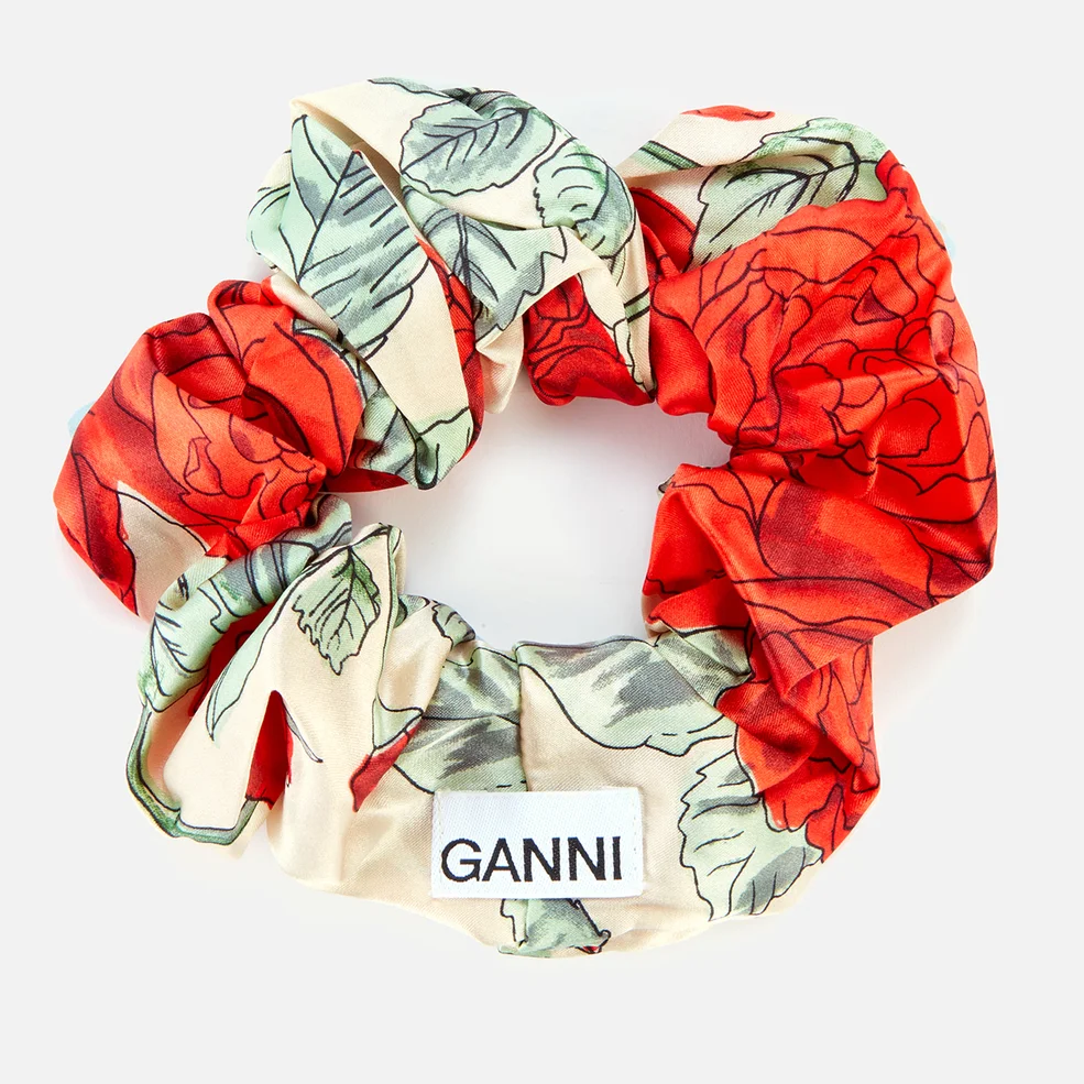 Ganni Women's Rose Print Silk Scrunchie - Brazilian Sand Image 1
