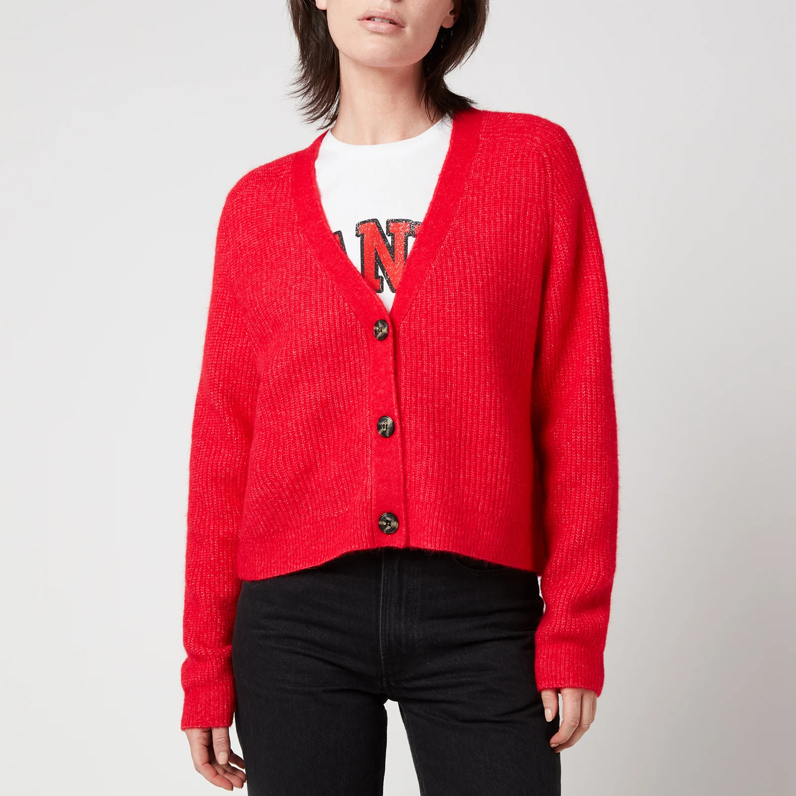 Ganni Women's Soft Wool Knitted Cardigan - Flame Scarlet Image 1