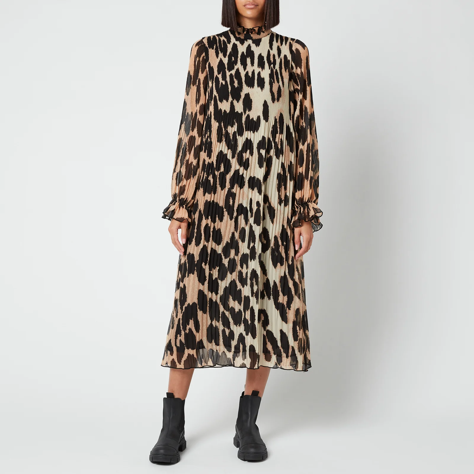 Ganni Women's Pleated Georgette Midi Dress - Maxi Leopard Image 1