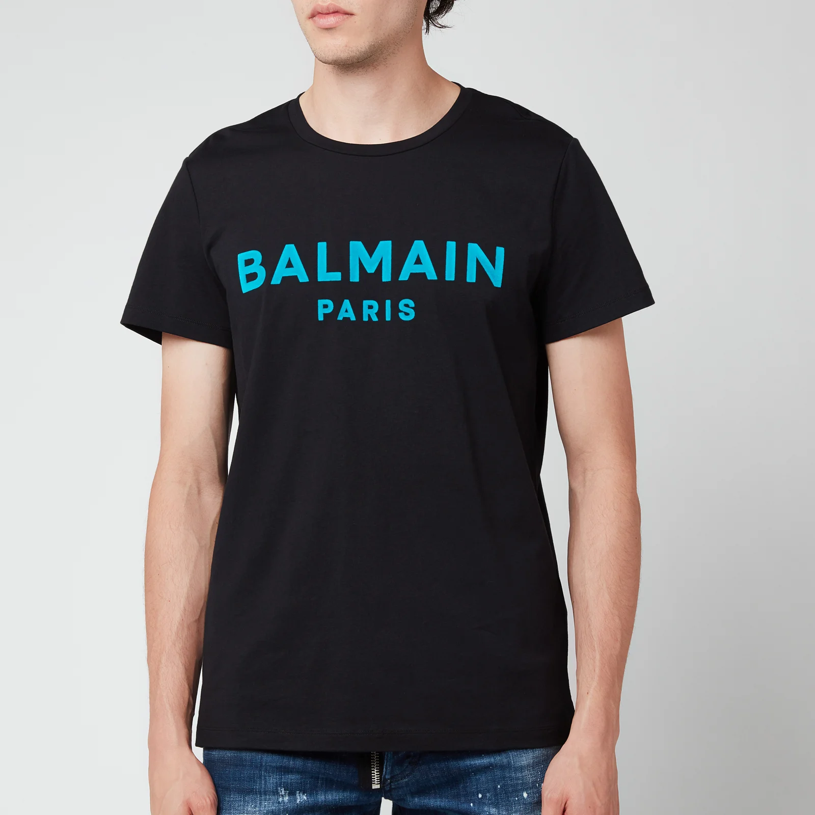 Balmain Men's Flock Logo T-Shirt - Black/Blue Image 1
