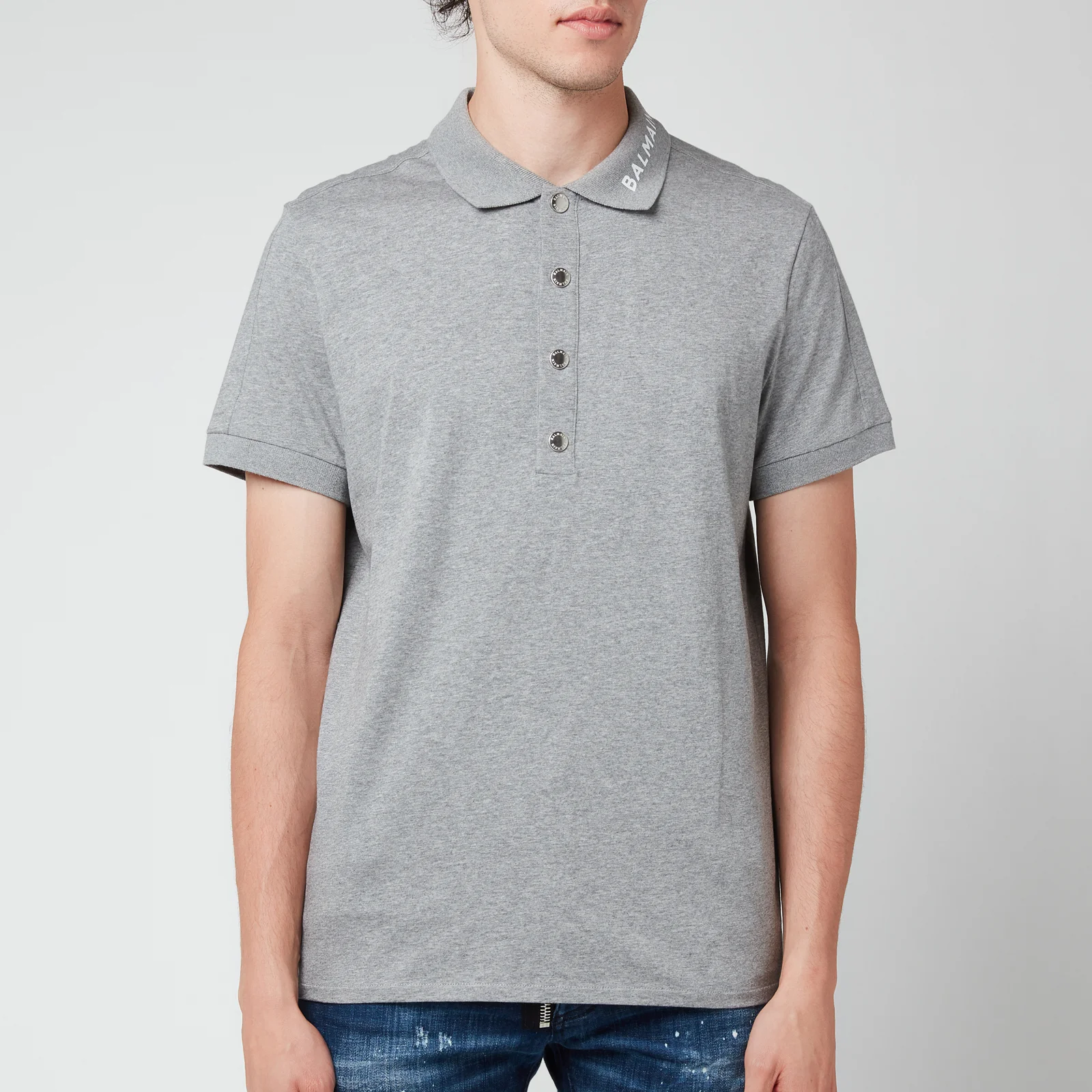 Balmain Men's Printed Collar Polo Shirt - Grey/White Image 1