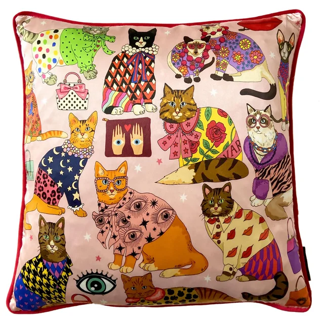 Karen Mabon Fashion Cats Cushion - Pink - 45x45cm