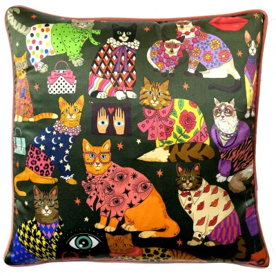Karen Mabon Fashion Cats Cushion - Green - 45x45cm