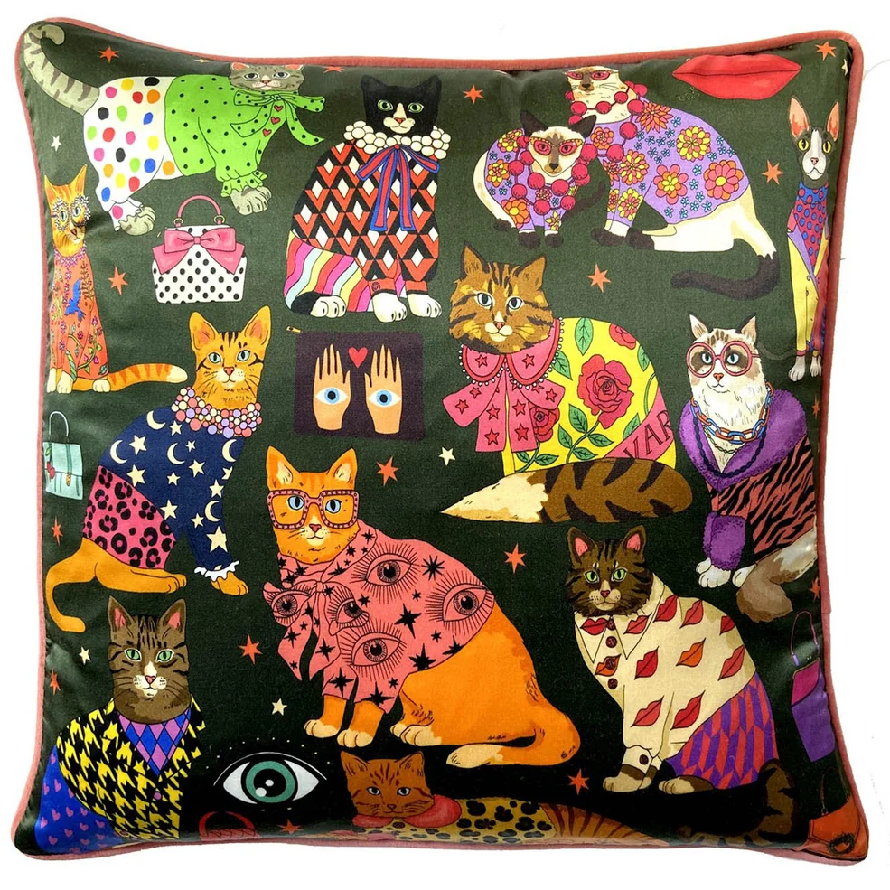 Karen Mabon Fashion Cats Cushion - Green - 45x45cm Image 1
