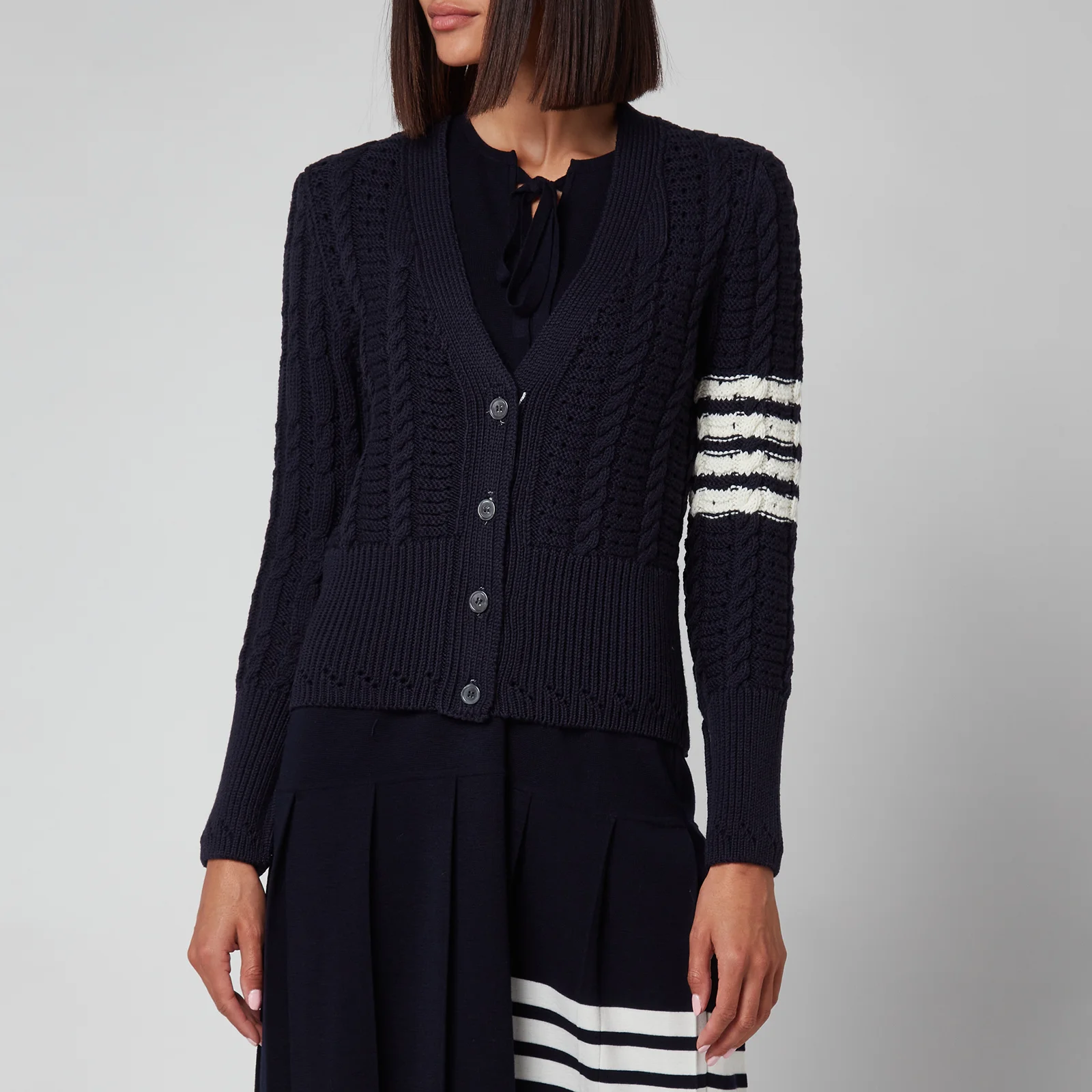 Thom Browne Women's Cable Classic Fit V Neck Cardigan With Stripes - Navy Image 1