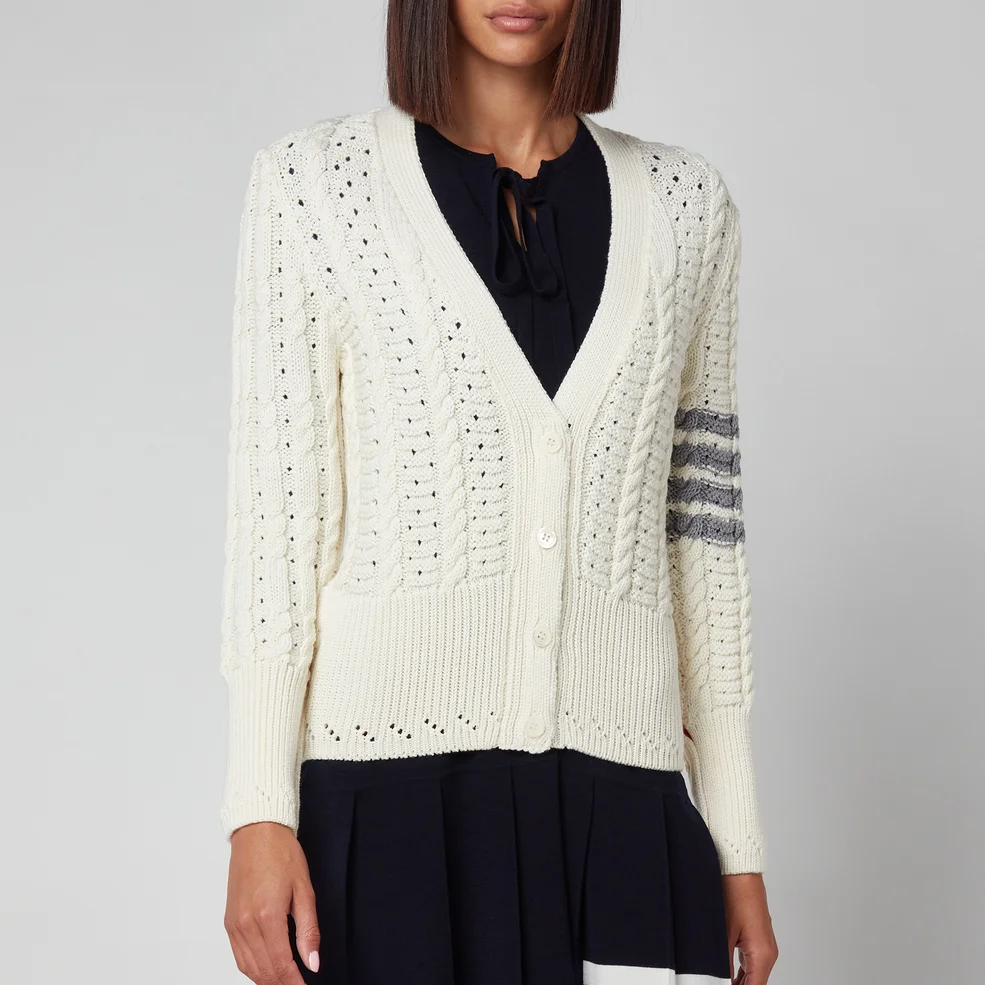 Thom Browne Women's Cable Classic Fit V Neck Cardigan With Stripes - White Image 1