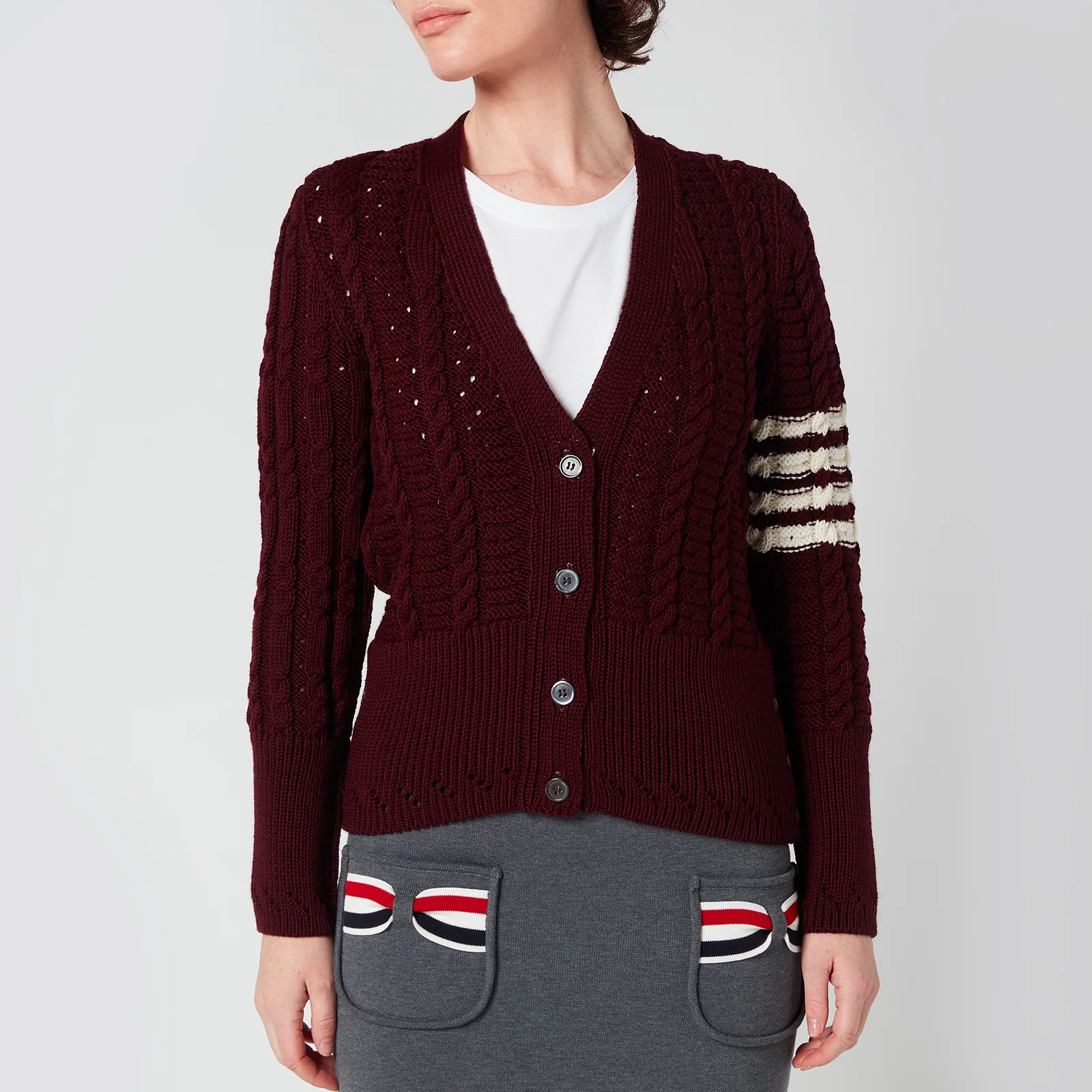 Thom Browne Women's Cable Classic Fit V Neck Cardigan With Stripes - Burgundy Image 1