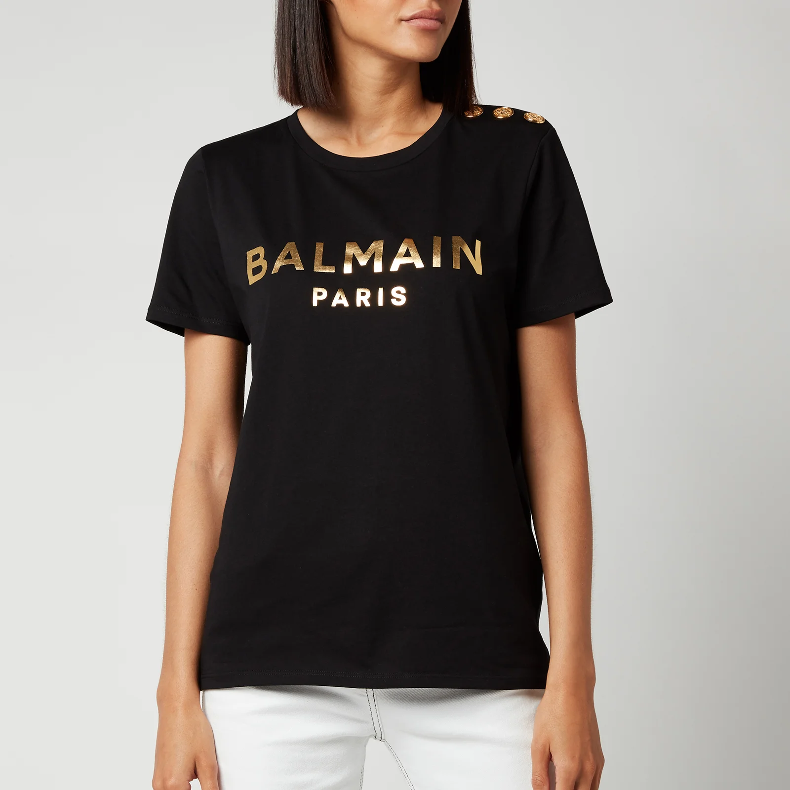Balmain Women's Short Sleeve 3 Button Metallic Logo T-Shirt - Noir/Or Image 1