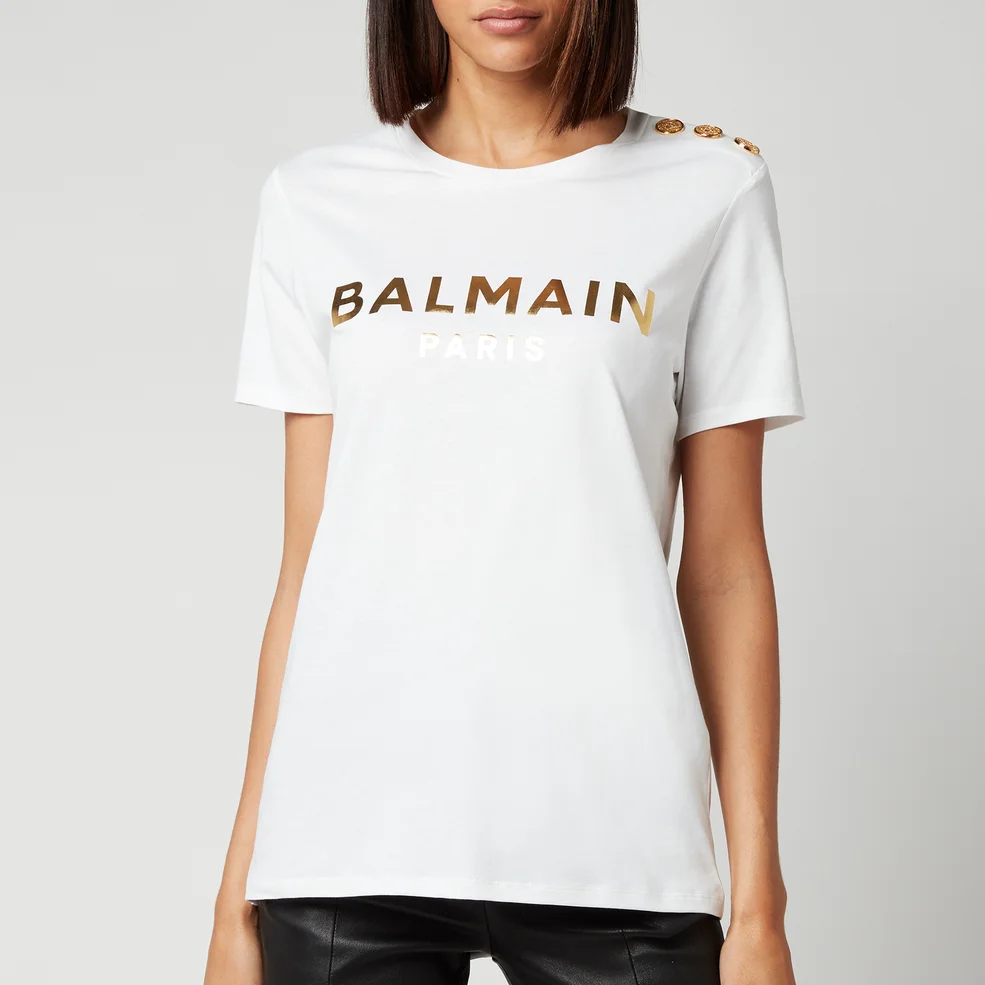 Balmain Women's Short Sleeve 3 Button Metallic Logo T-Shirt - Blanc/Or Image 1