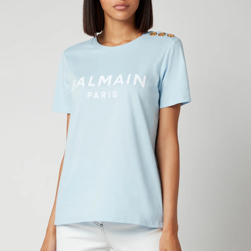 Balmain Women's Short Sleeve 3 Button Flocked Logo T-Shirt - Bleu Pale/Blanc Image 1