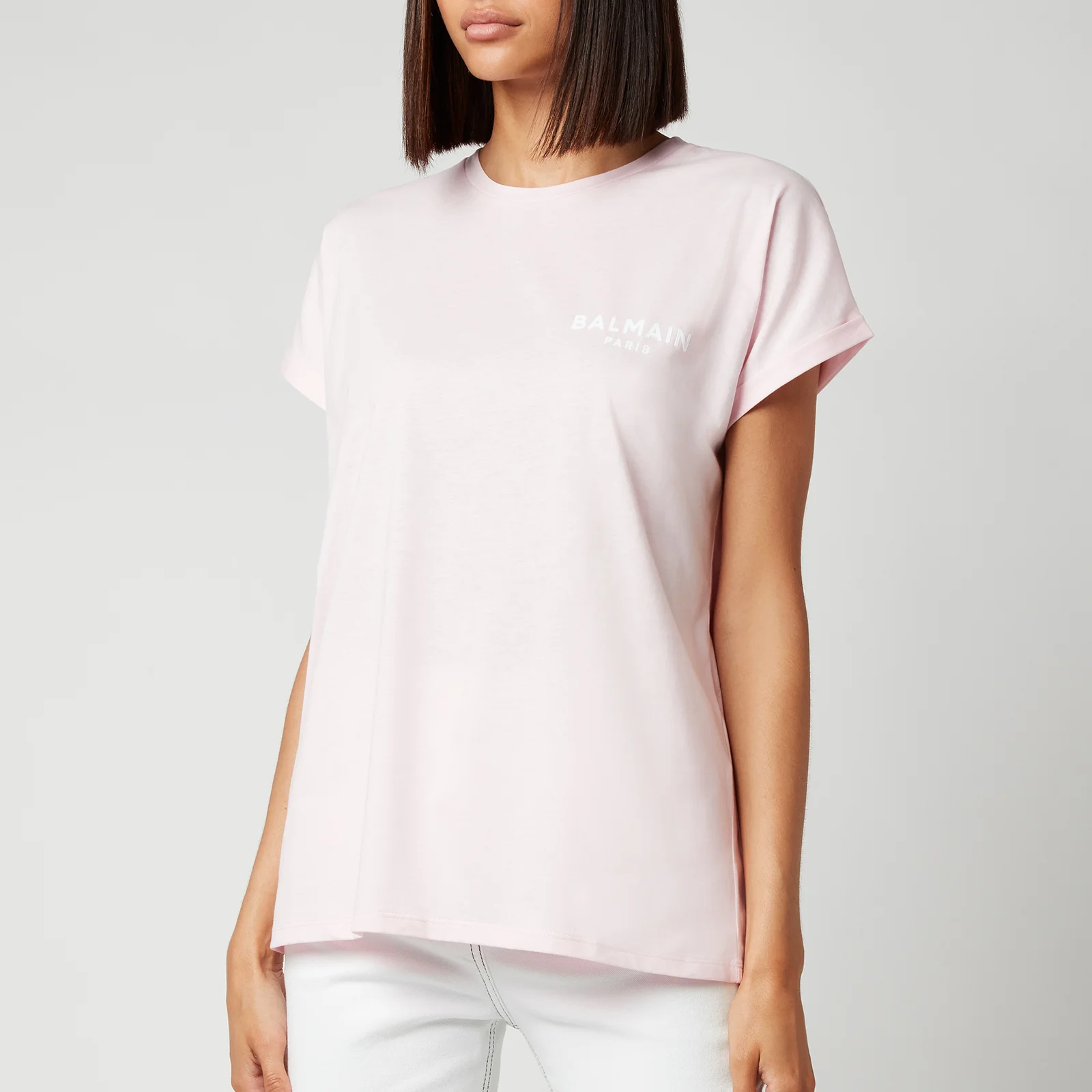 Balmain Women's Flocked Logo T-Shirt - Rose Pale/Blanc Image 1