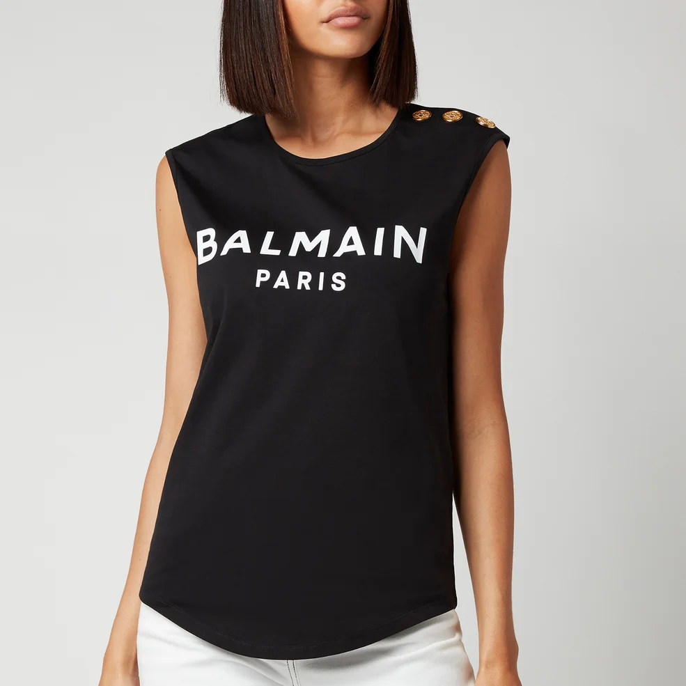 Balmain Women's 3 Button Flocked Logo Tank Top - Noir/Blanc Image 1
