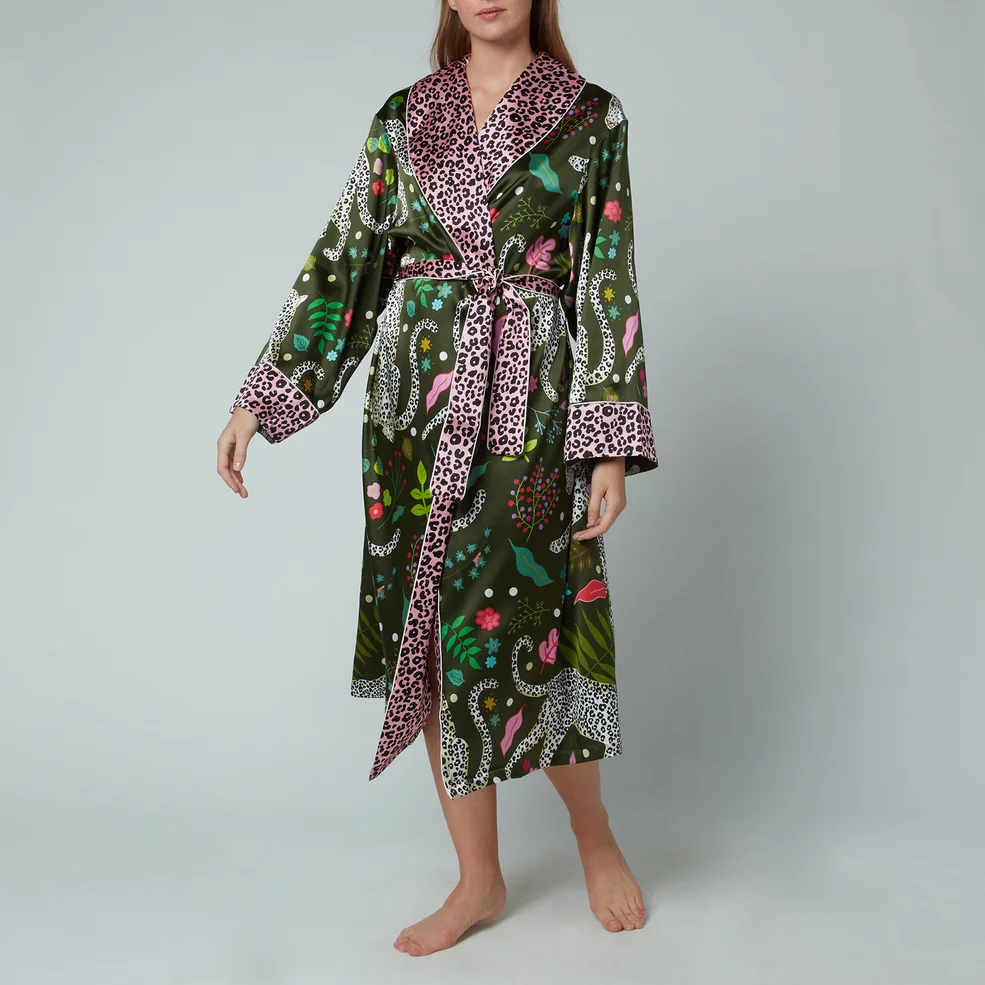 Karen Mabon Women's Stretch Silk Long Robe - Green/Pink Image 1