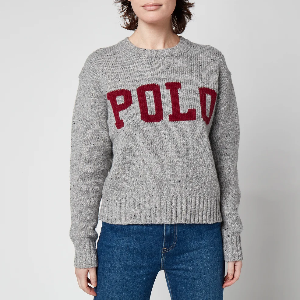 Polo Ralph Lauren Women's Large Polo Logo Sweatshirt - Grey Donegal/Wine Image 1