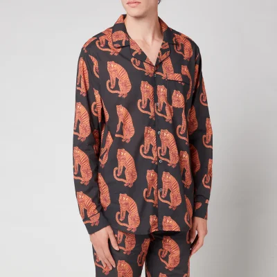 Desmond & Dempsey Men's Tiger Print Collared Shirt - Black/Orange