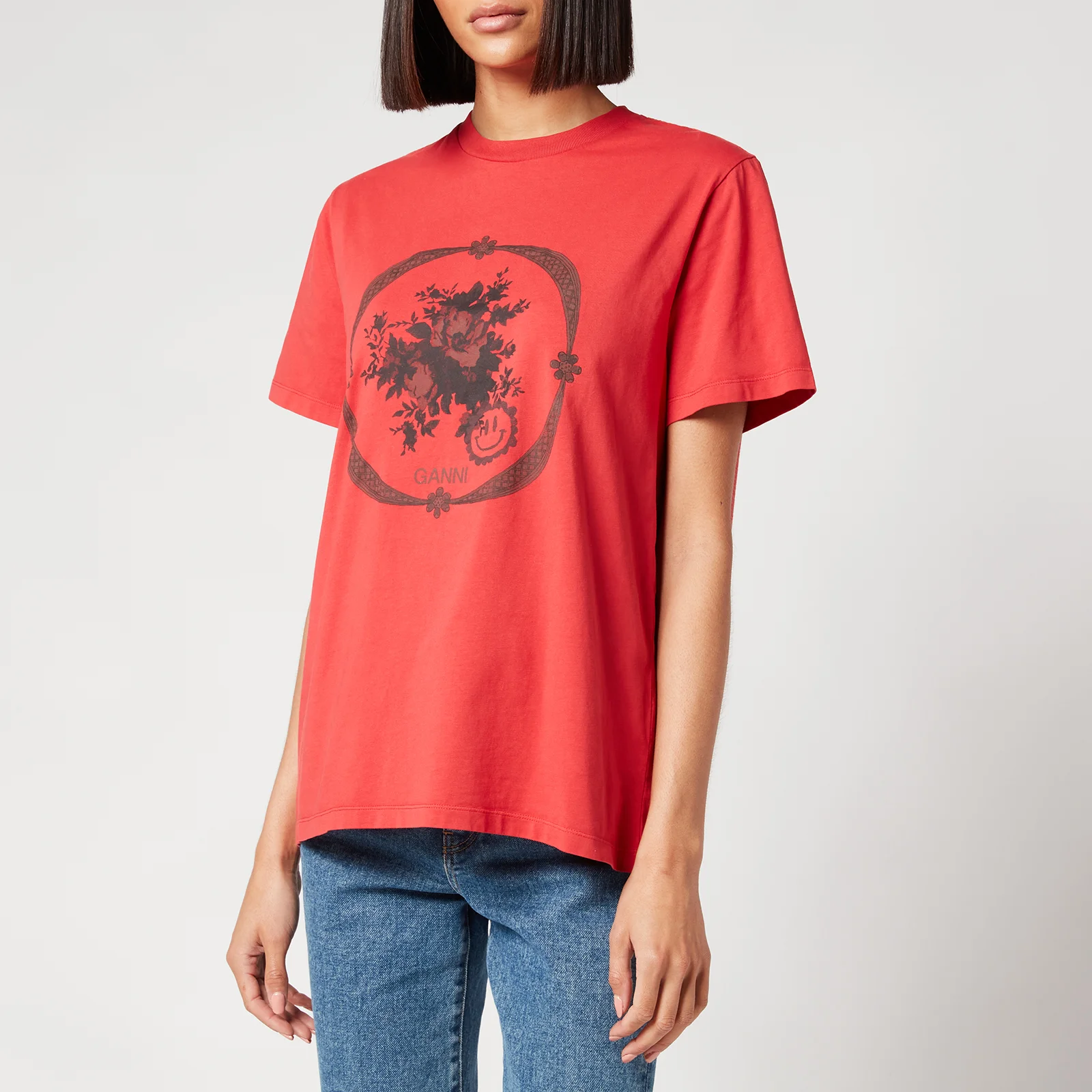 Ganni Women's Floral Cotton T-Shirt - High Risk Red Image 1