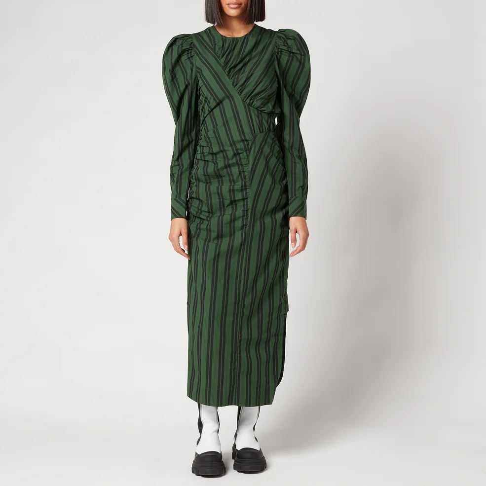 Ganni Women's Stripe Cotton Dress - Dark Green Image 1