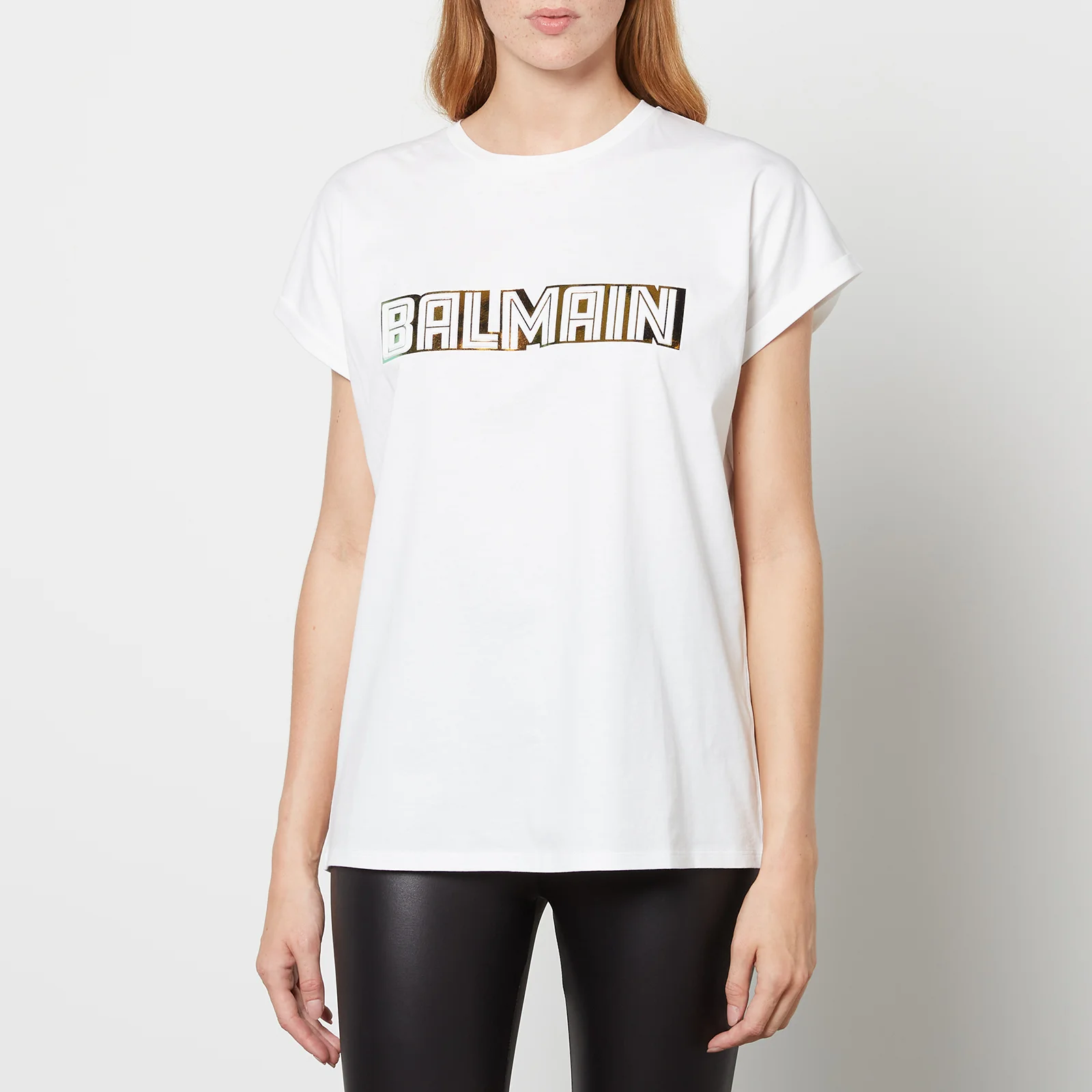 Balmain Women's Metallic Embossed T-Shirt - White/Gold Image 1