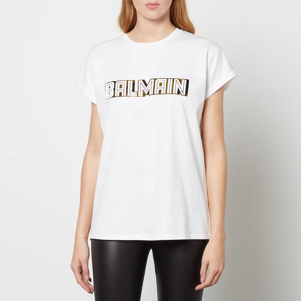 Balmain Women's Metallic Embossed T-Shirt - White/Gold Image 1