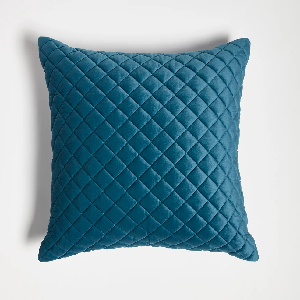 ïn home Diamond Quilted Velvet Cushion - Blue Image 1